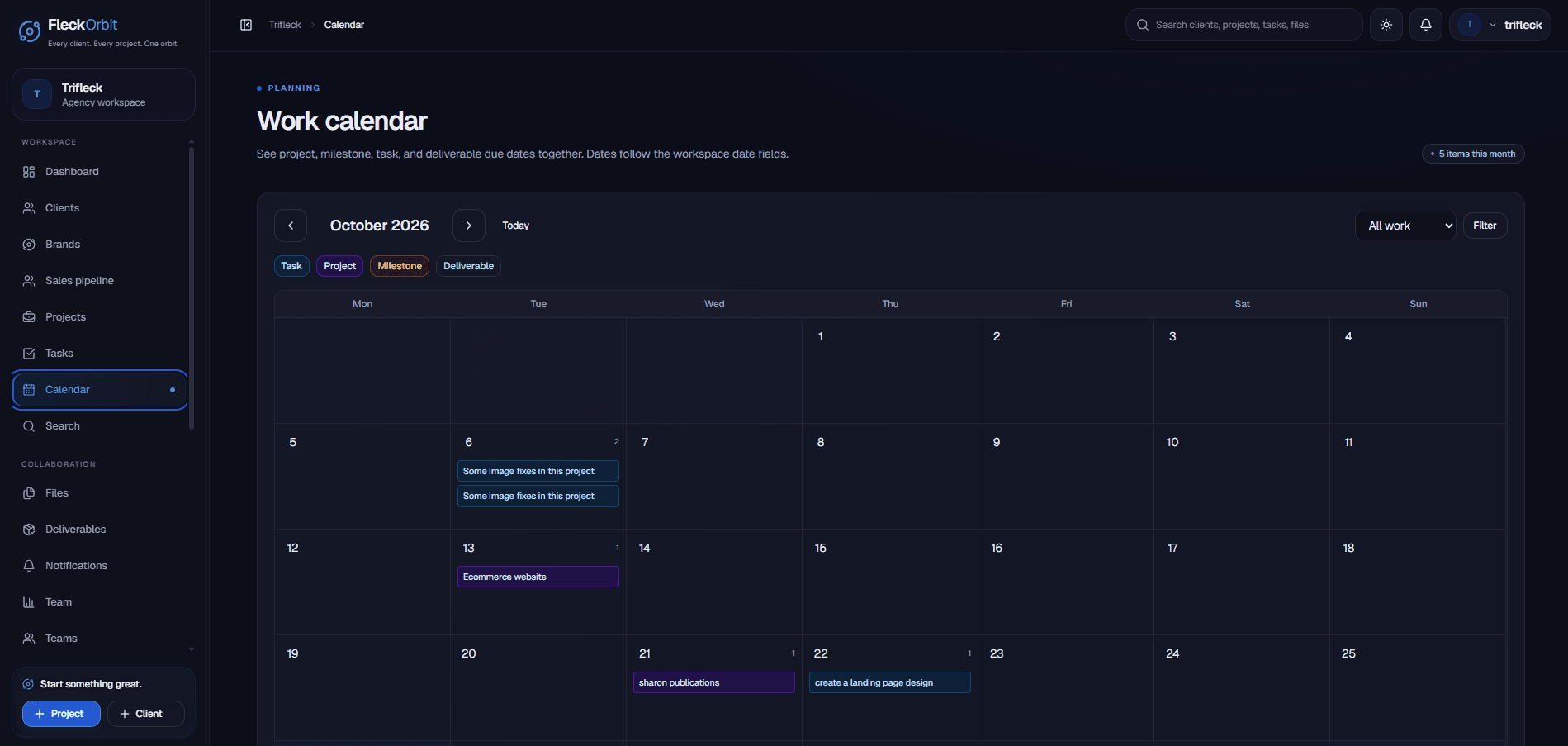 Actual FleckOrbit work calendar showing task and project dates in October 2026