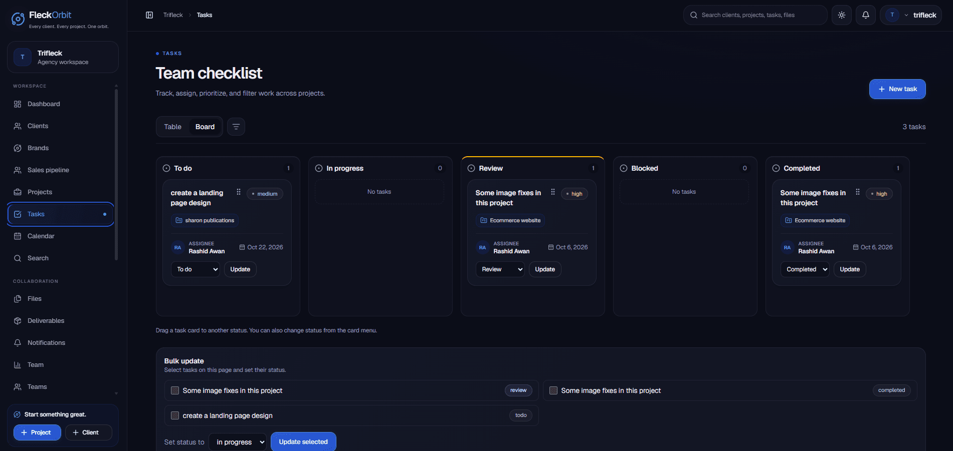 Actual FleckOrbit task board with project labels, assignees, priorities, and status columns