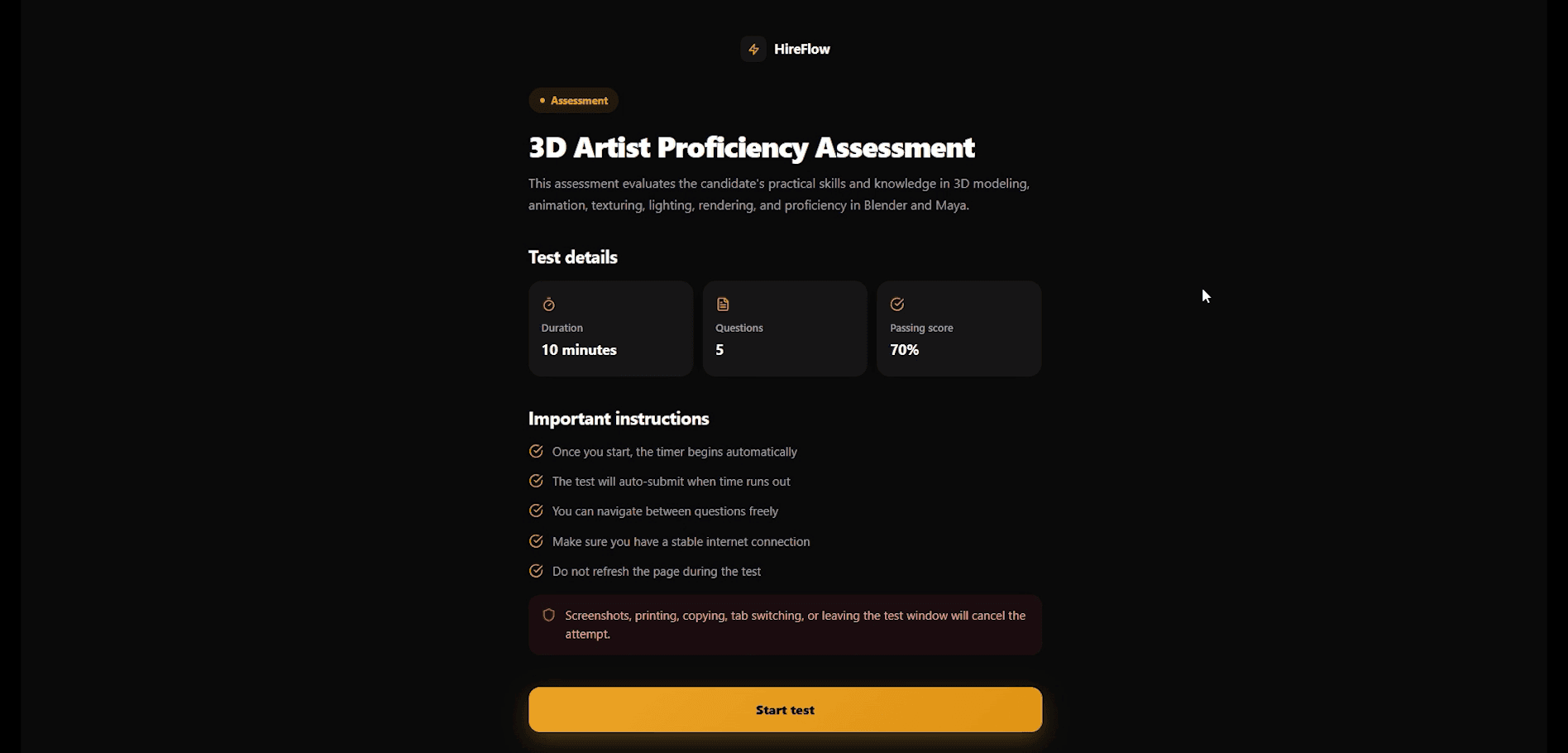 Hireflow candidate assessment introduction with duration, question count, passing score, and instructions
