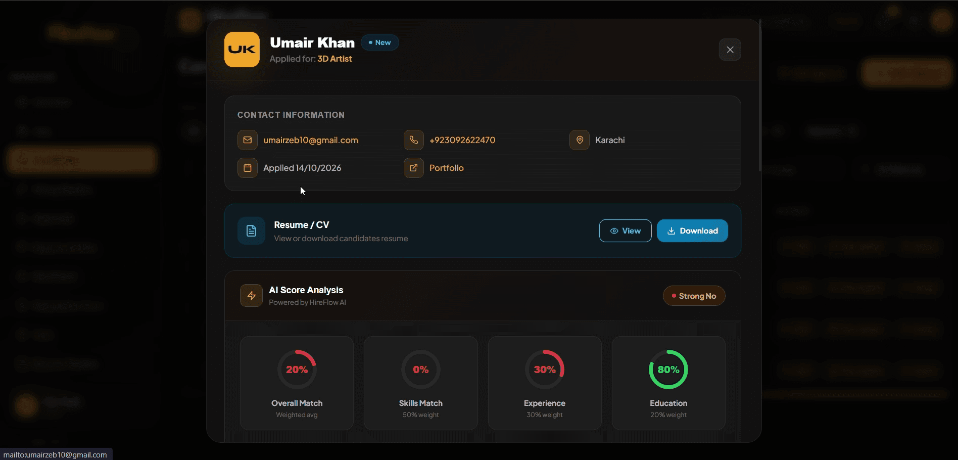 Hireflow candidate profile with contact information, resume access, and AI score analysis
